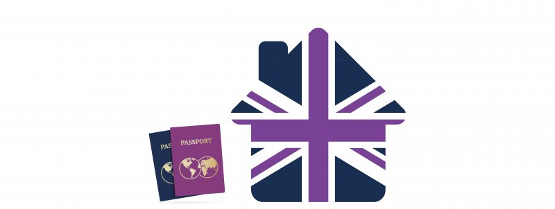 Union jack house alongside two passports