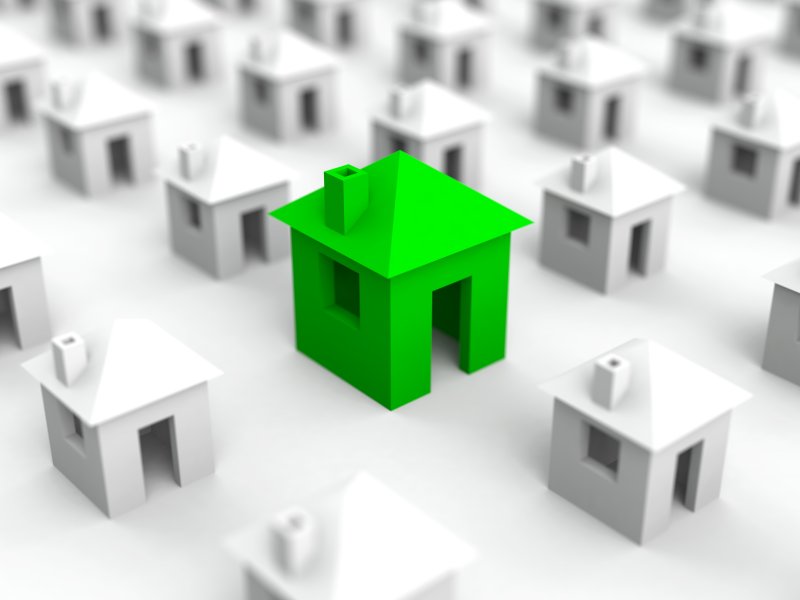 small animated houses with green house in focus